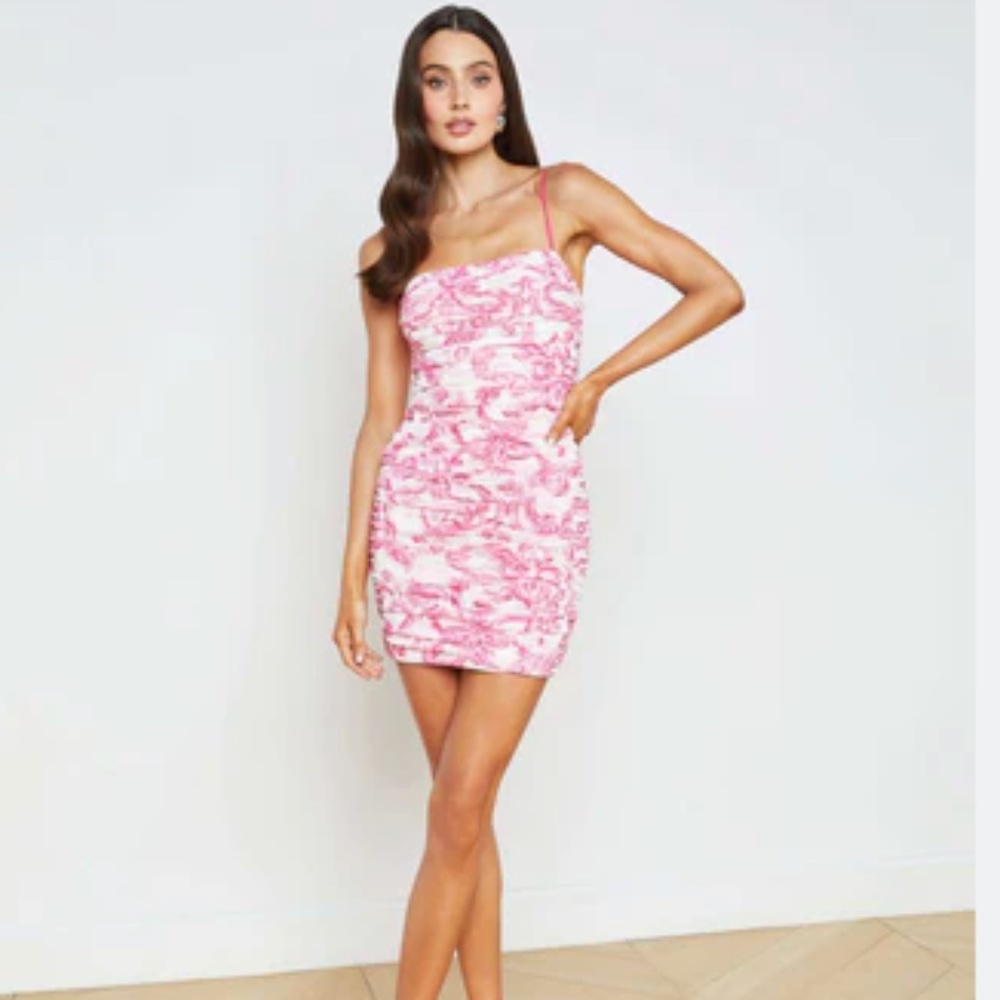 L'AGENCE Karly Ruched Floral-Print Stretch-Tulle Mini Dress, Size S, Pink, NWT